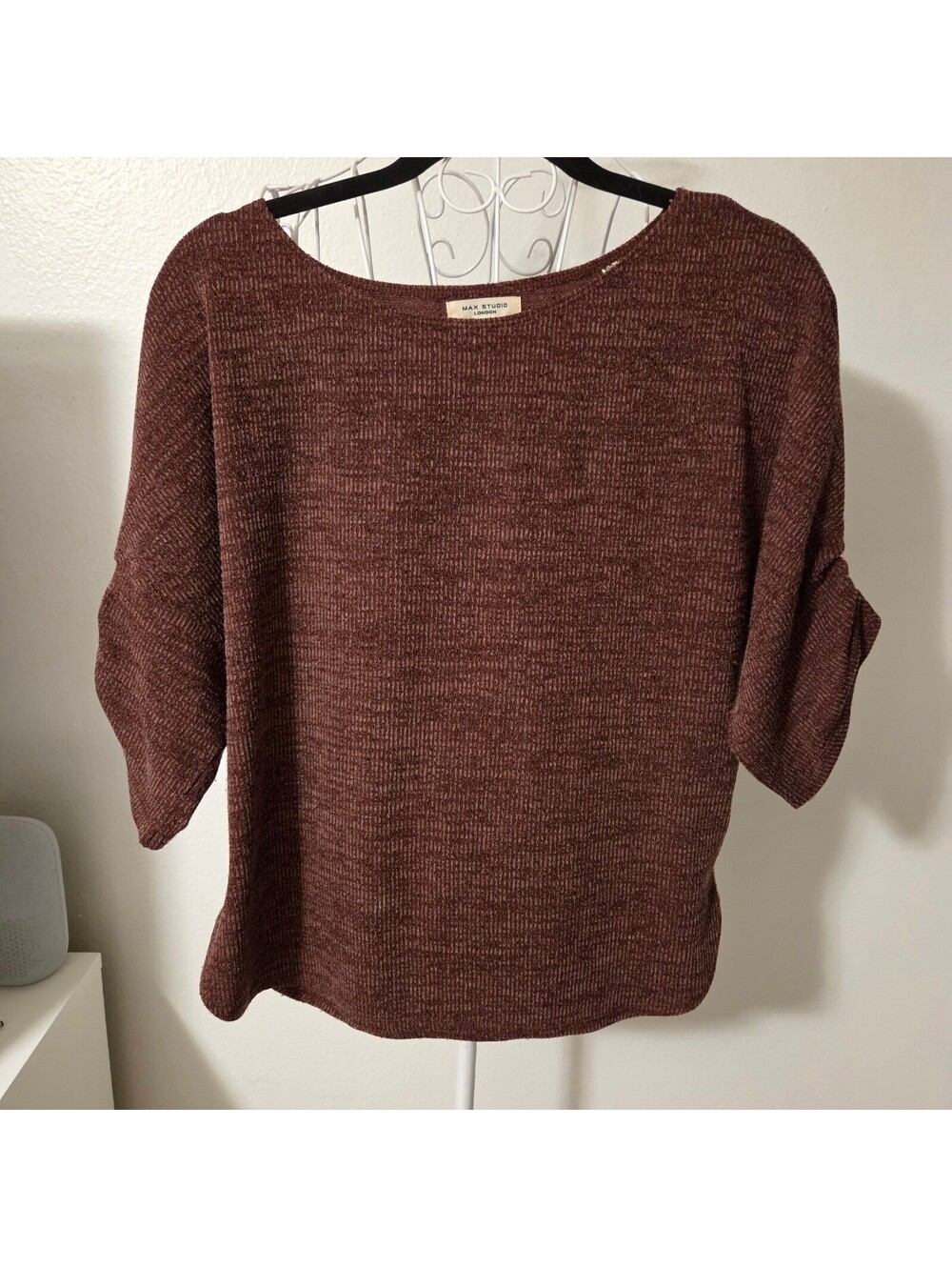 Max Studio Cedar Brown Marled Knit Blouse Ruched 3/4 Sleeves size small